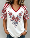 Red Striped Roses Print V-neck Short Sleeve Tshirt