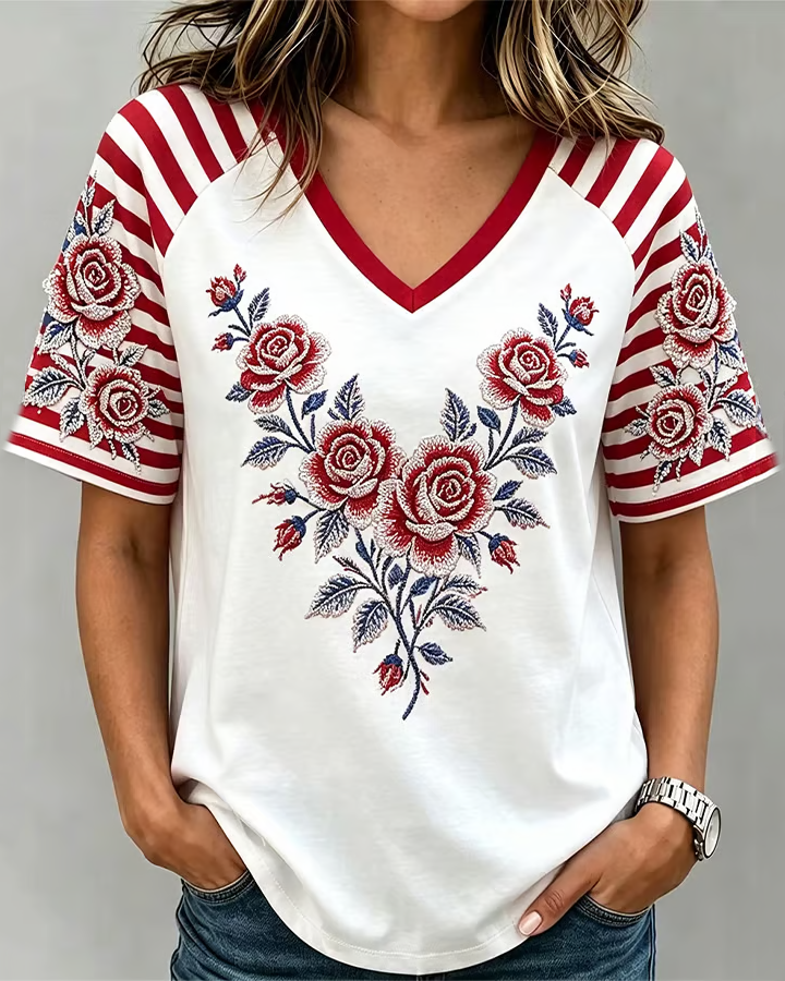 Red Striped Roses Print V-neck Short Sleeve Tshirt