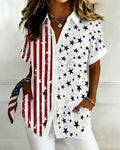 Red Striped Star Print Lapel Button-Down Short-Sleeved Shirt