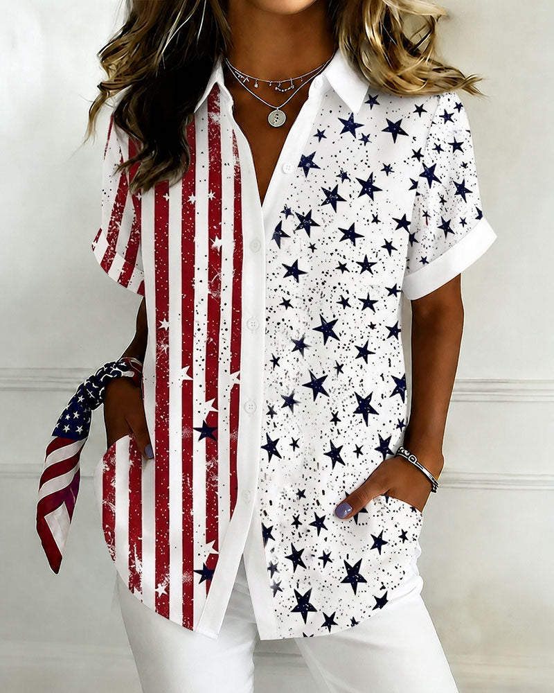 Red Striped Star Print Lapel Button-Down Short-Sleeved Shirt