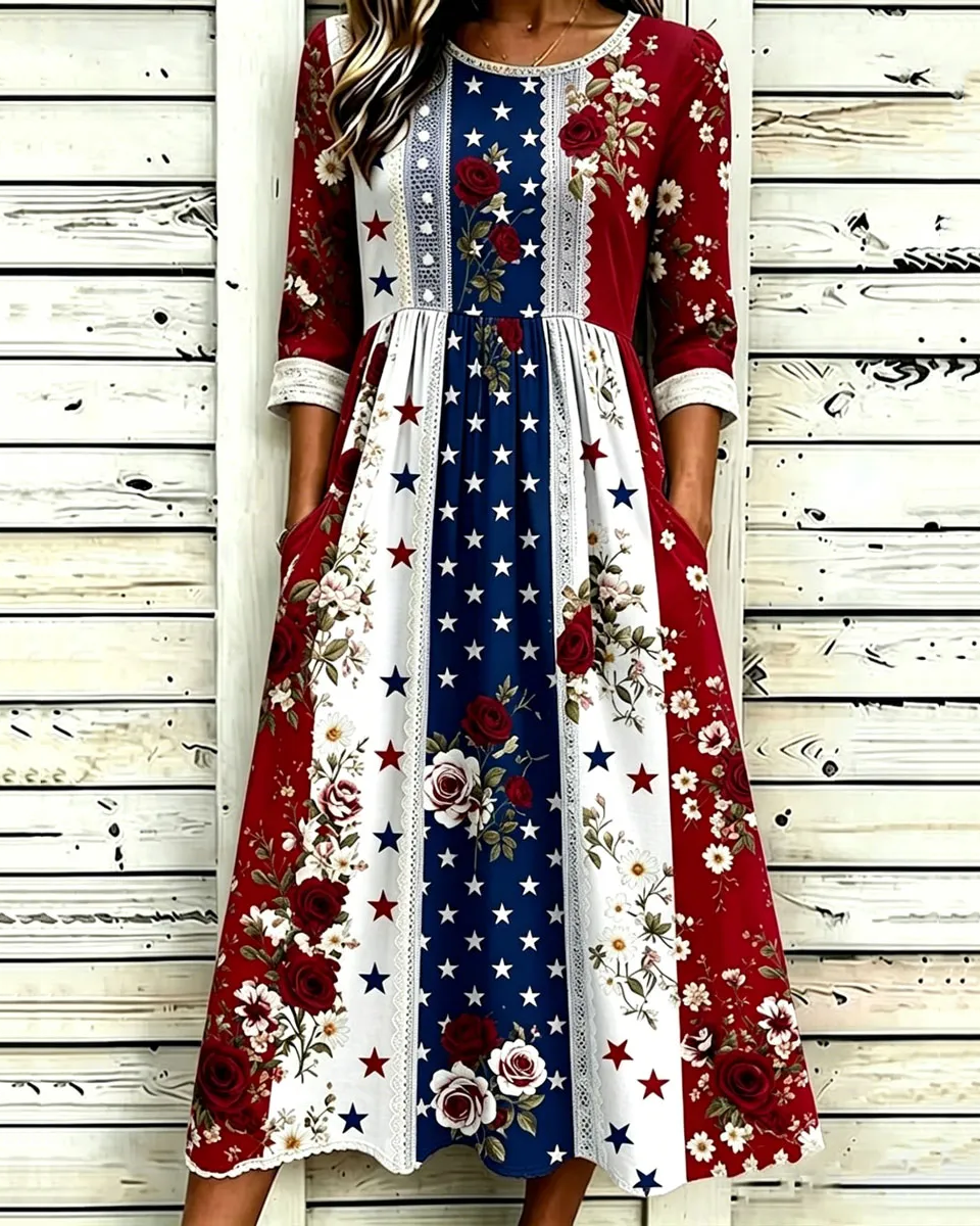 Retro 250th Anniversary Flower Art Print Pocket Casual Dress