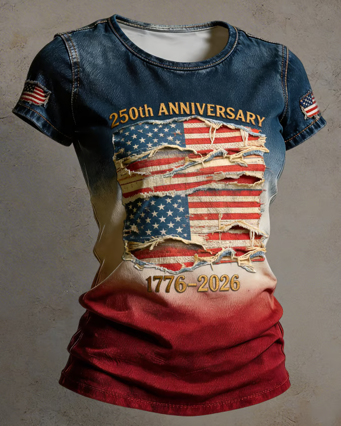 Retro 250th Anniversary National Flag Gradient Colors Print Crew Neck Short Sleeve Tshirt