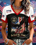 Retro 250th Anniversary Patchwork Print V-neck Short Sleeve Tshirt