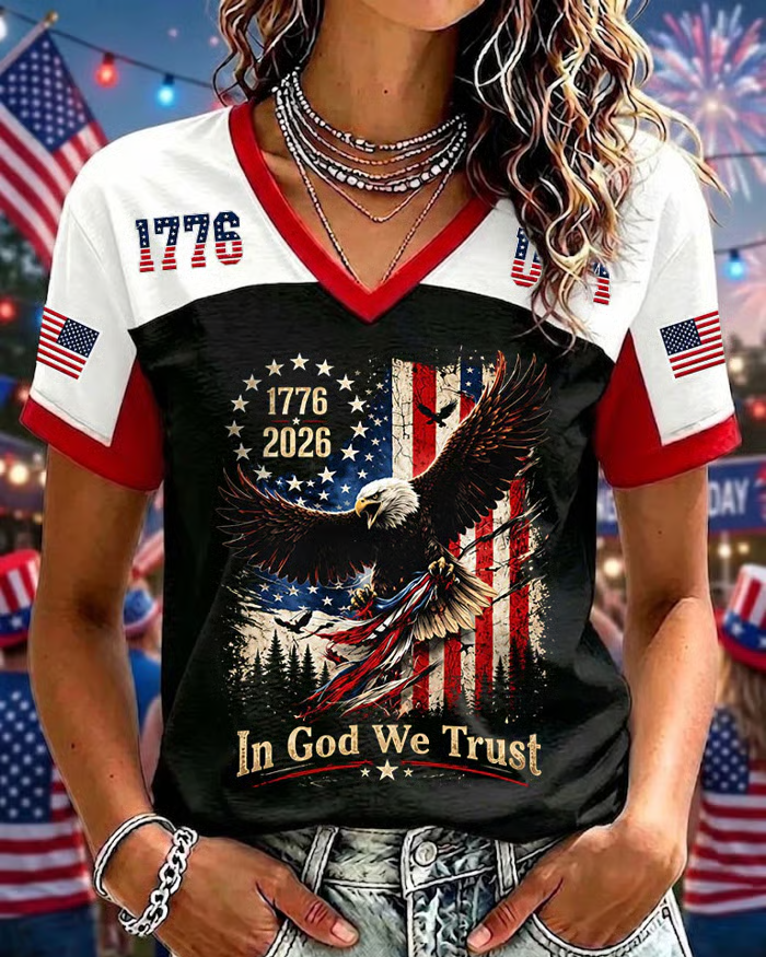 Retro 250th Anniversary Patchwork Print V-neck Short Sleeve Tshirt