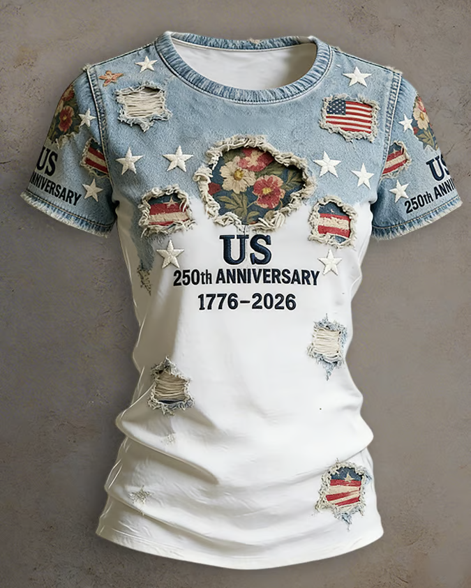 Retro 250th Anniversary Ripped Print Crew Neck Short Sleeve Tshirt