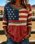 Retro American Flag Print Round Neck Blouse