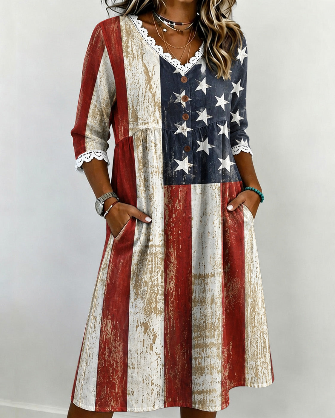 Retro American Flag Print V-Neck Lace-Paneled Cotton Linen Casual Dress