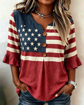 Retro American Flag Print Cotton Linen Print Blouse