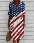 Retro Flag Print Cotton-Linen Lace Sleeves Midi Dress