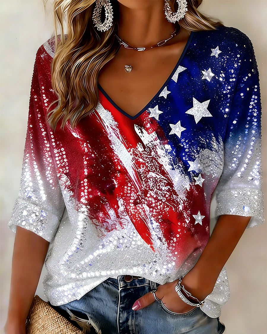 Retro Flag Sequin Print V-neck Half Sleeved Loose Top