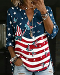 Retro Flag & Butterfly Patchwork Print Stand Collar Casual Shirt