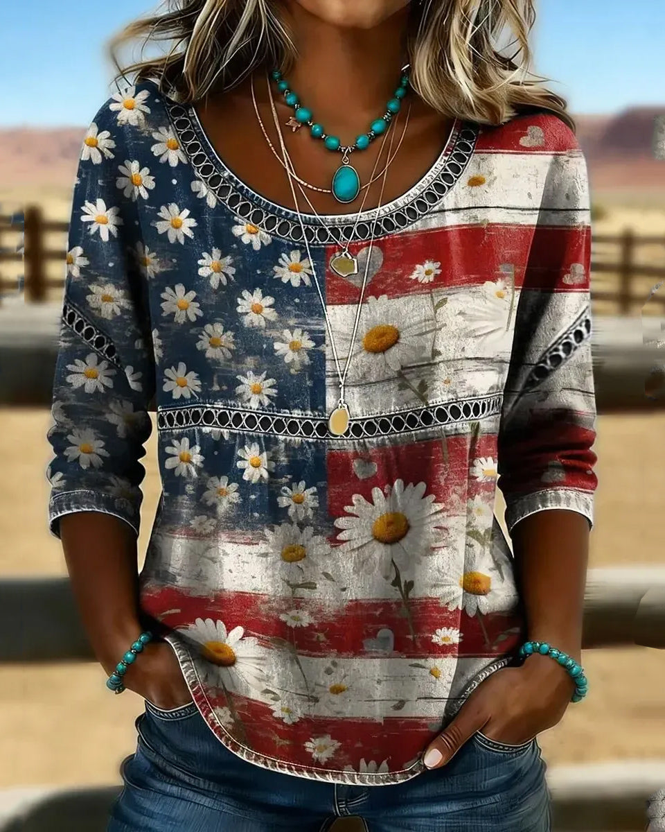 Retro Flag and Sunflower Print Round Neck Blouse