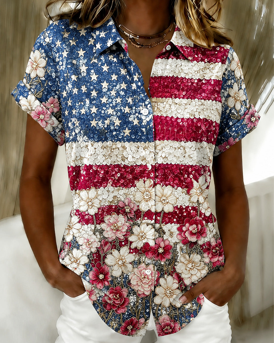 Retro Independence Day Citibank Art Print Lapel Button-Down Short-Sleeved Shirt