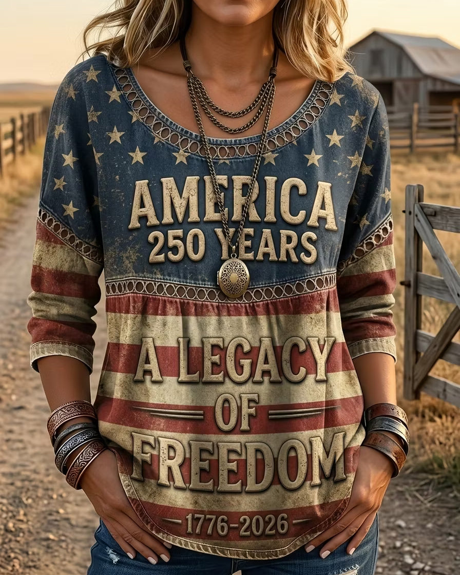 Retro National Flag Independence Day Print Round Neck Blouse