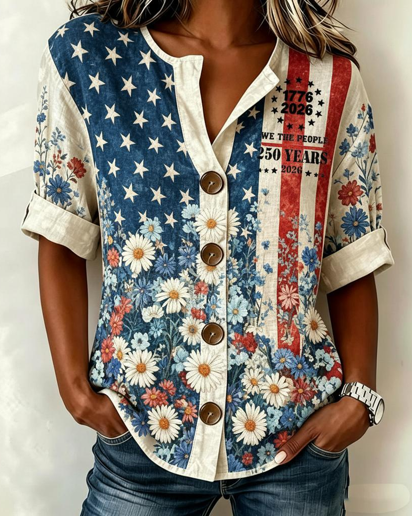 Retro Striped Floral Print Splicing Cotton Linen Print Blouse