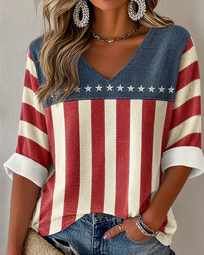 Retro Striped Star Patchwork Print V-neck Half Sleeved Loose Top