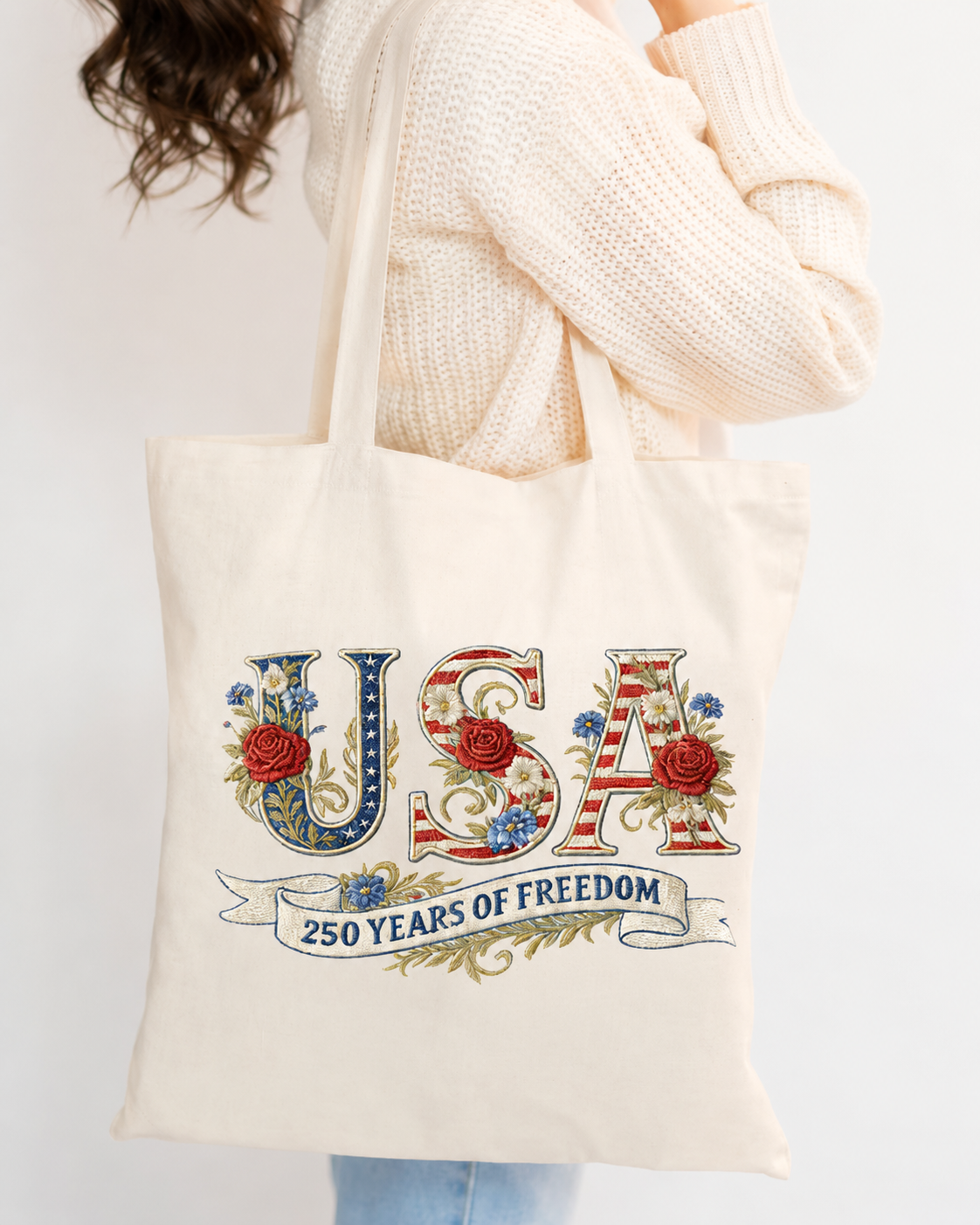 Retro USA 250 Print Zipper Canvas Tote Bag