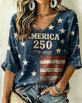 Retro Usa 250 Print V-neck Half Sleeved Loose Top