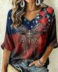 Retro Color-blocked Butterfly Cross Print V-neck Half Sleeved Loose Top