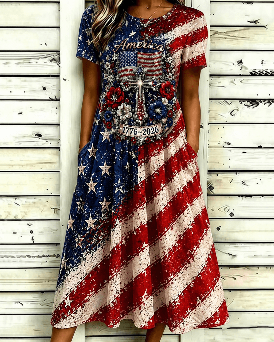 Retro Flag and Cross Print Pocket Casual Dress