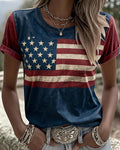 Retro Flag Color Blocking Crew Neck Short Sleeve Tshirt