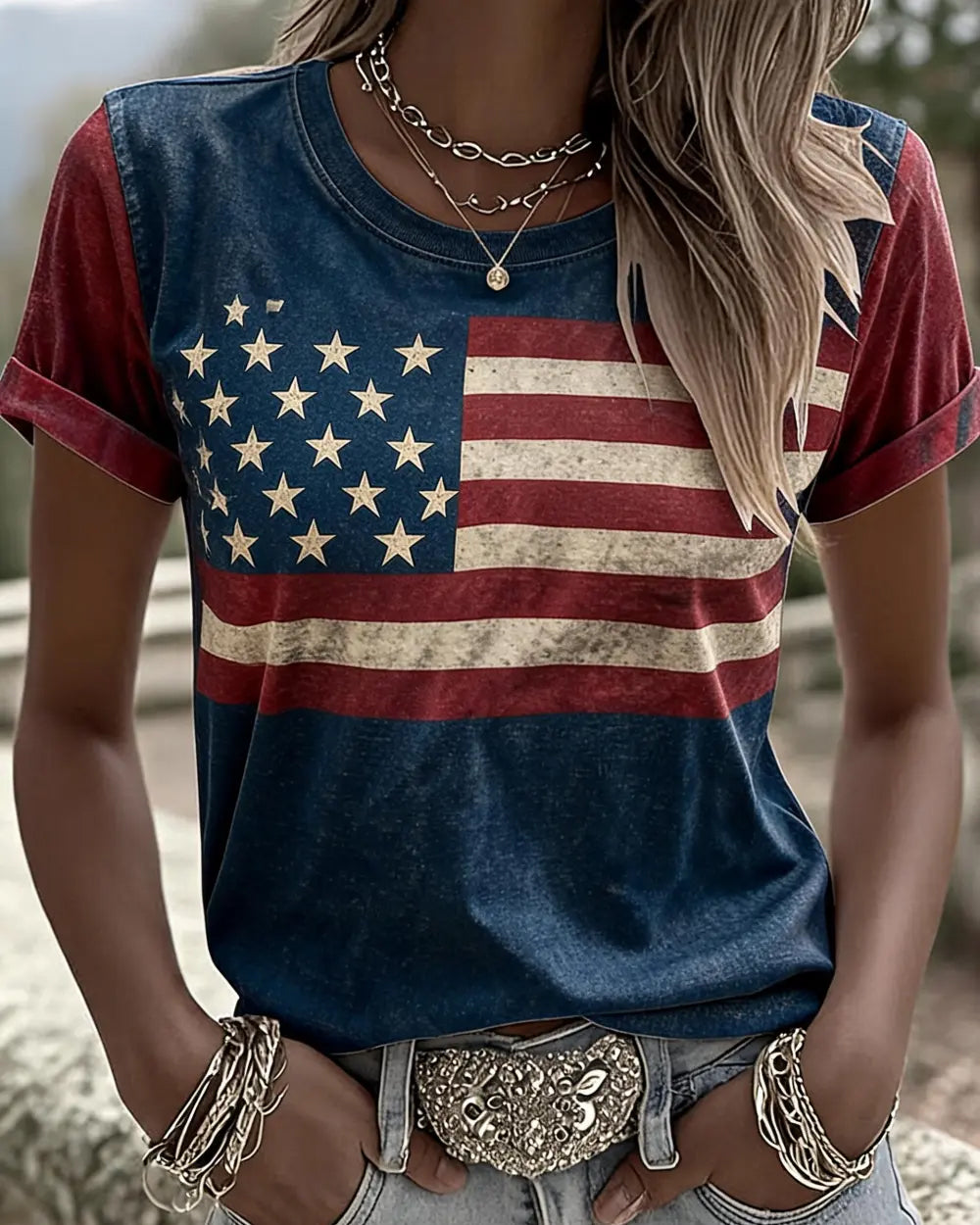 Retro Flag Color Blocking Crew Neck Short Sleeve Tshirt