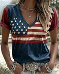 Retro Flag Color Blocking Print with National Flag Print V-neck Short Sleeve Tshirt