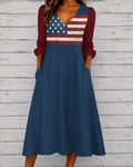 Retro Flag Color Blocking V-neck Puff Sleeve Casual Dress