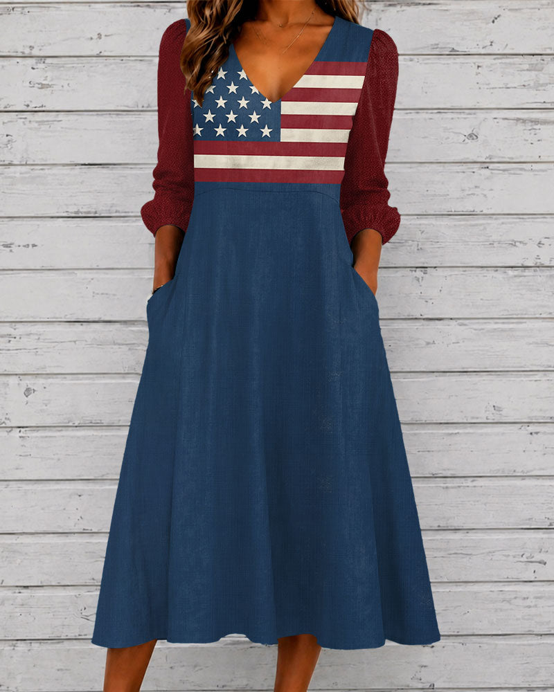 Retro Flag Color Blocking V-neck Puff Sleeve Casual Dress