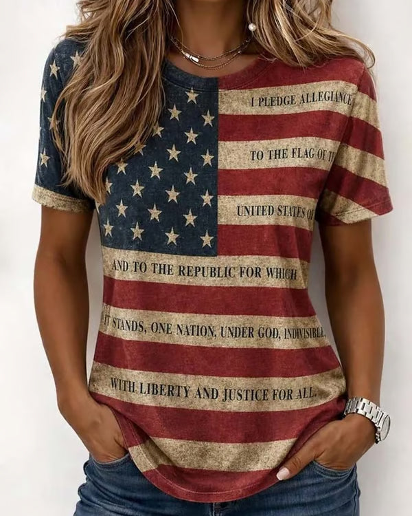 Retro Flag Lette Print Crew Neck Short Sleeve Tshirt
