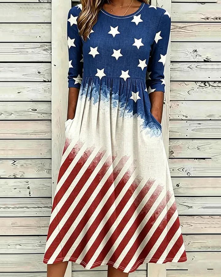Retro Flag Print Pocket Casual Dress