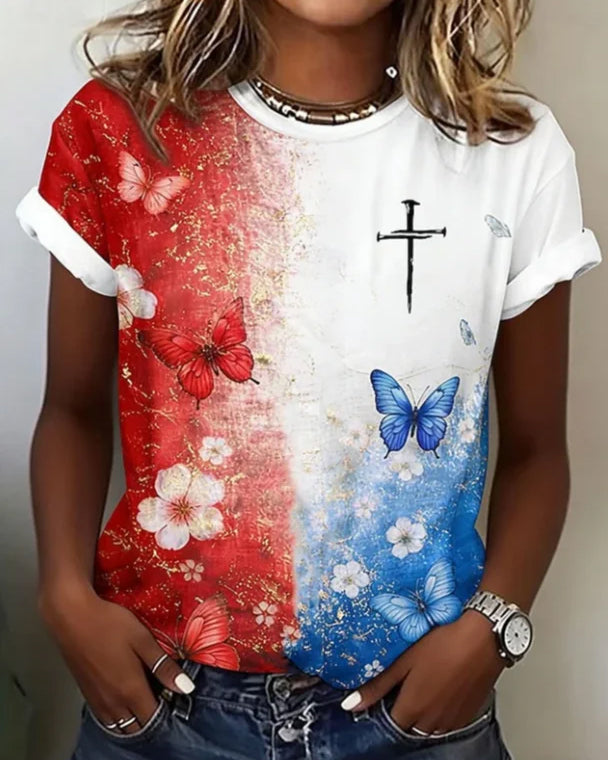 Retro Flower and Butterfly Graffiti Print Crew Neck Short Sleeve Tshirt