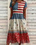 Retro National Flag and Flower Patchwork Print Pocket Casual Dress