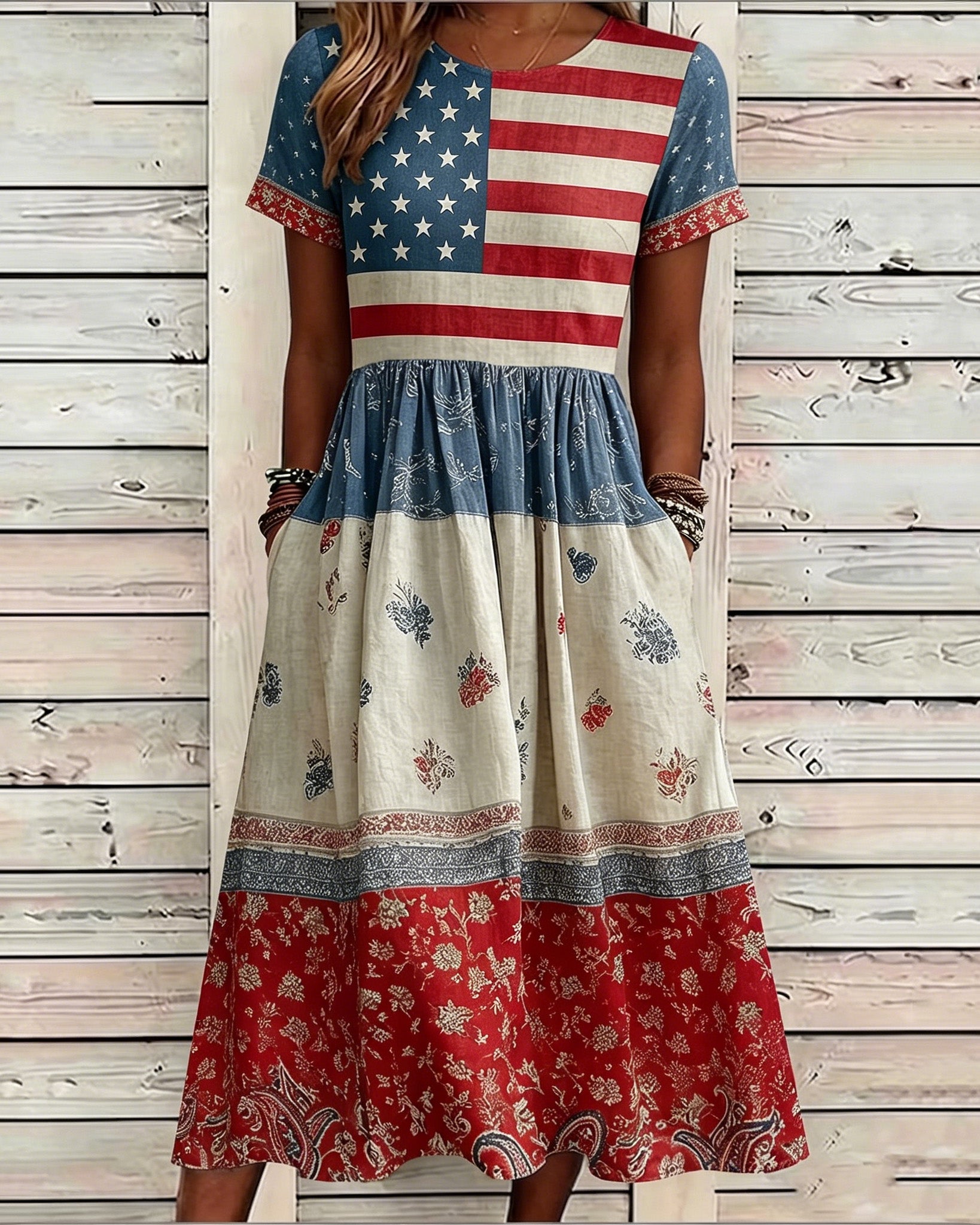 Retro National Flag and Flower Patchwork Print Pocket Casual Dress