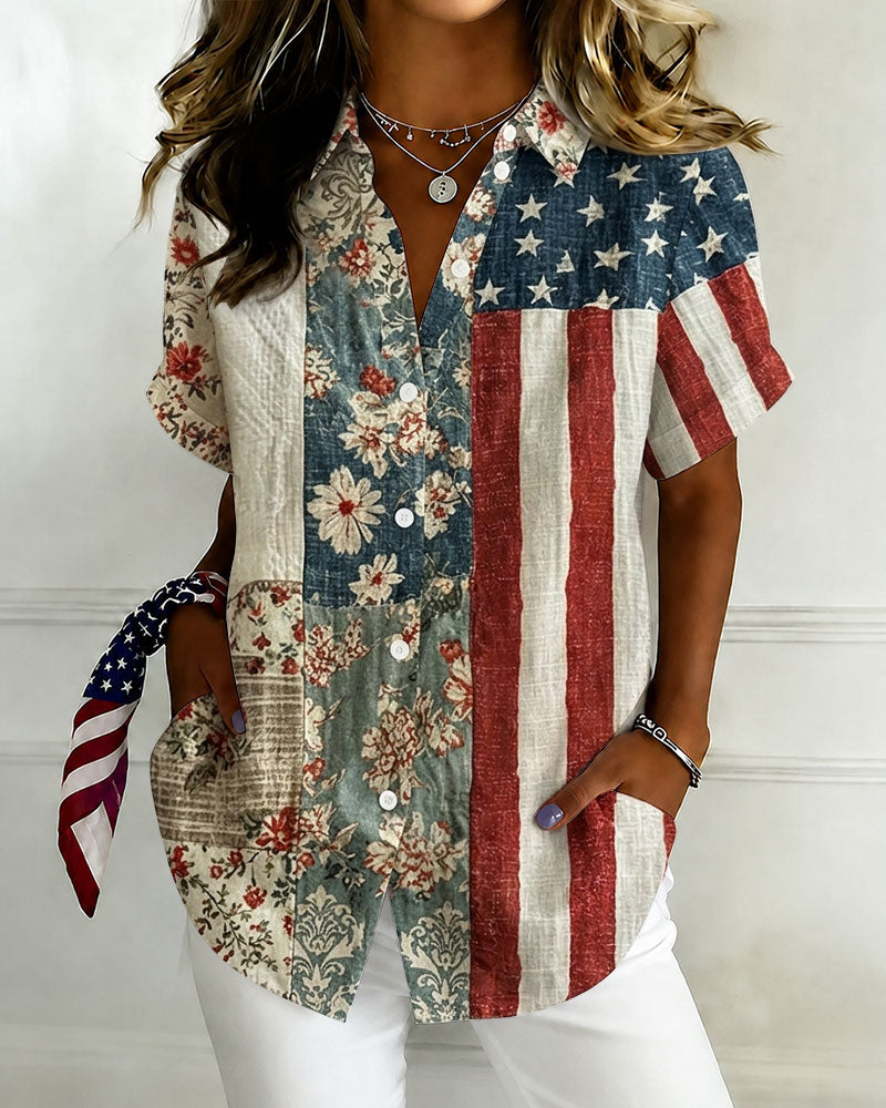 Retro National Flag Floral Patchwork Print Lapel Button-Down Short-Sleeved Shirt