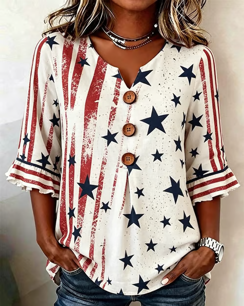 Retro Star Stripes Print Half-sleeved Shirt