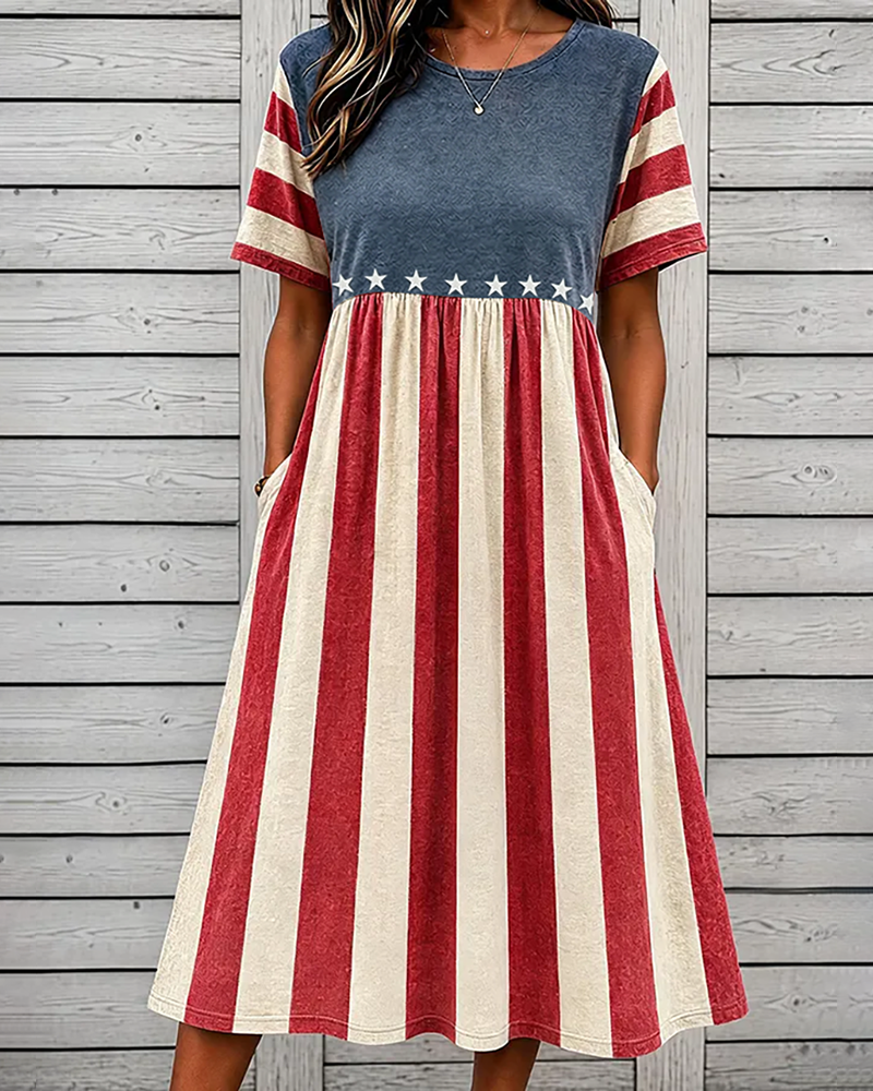 Retro Striped Star Patchwork Print Pocket Casual Dress