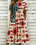 Retro Sunflower Flag Print Pocket Casual Dress