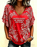 Women's Retro White Floral V-Neck Short Sleeve T-shirt