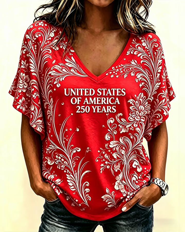 Women's Retro White Floral V-Neck Short Sleeve T-shirt