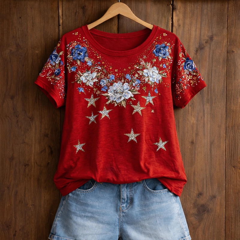 Rose and Silver Stars Crew Neck Short Sleeve Tshirt