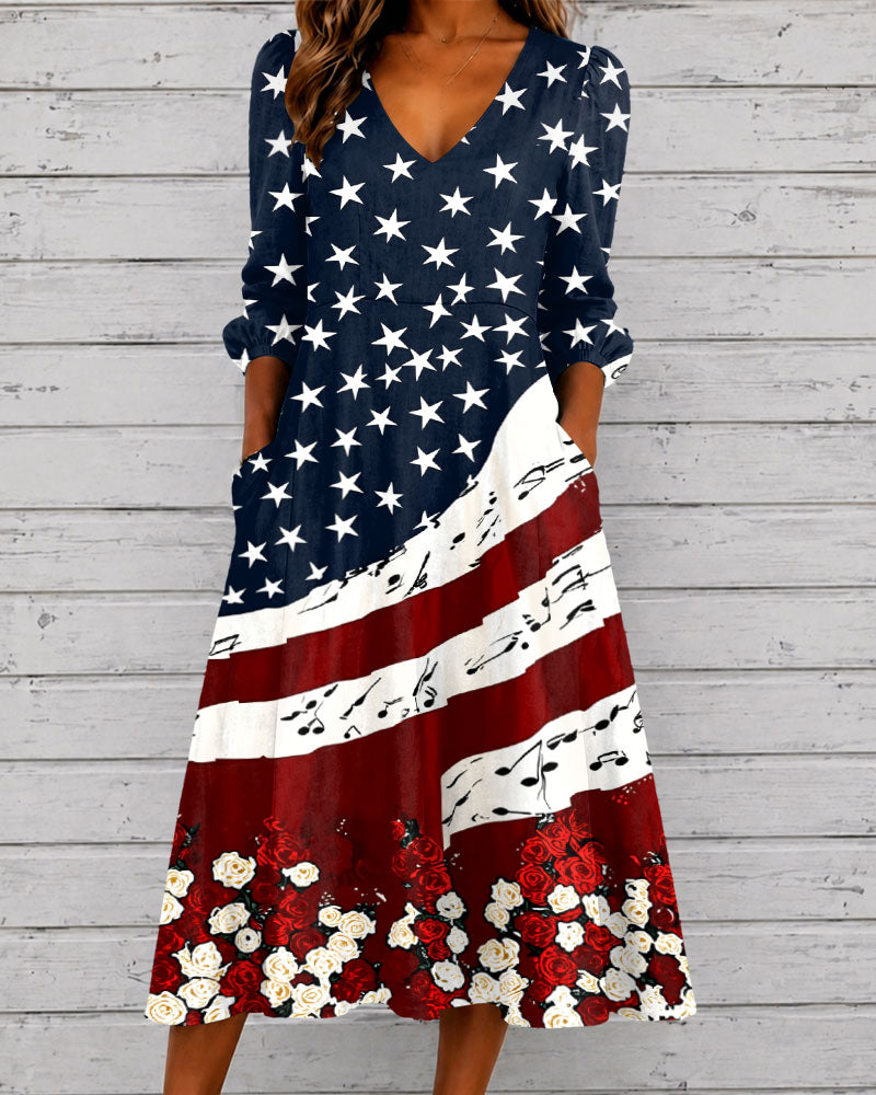 Rose and Star Patchwork V-neck Puff Sleeve Casual Dress – printfem