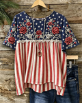 Rose Striped Lace Print Patchwork Round Neck Blouse