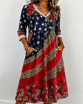 Sexy Leopard Rose Patchwork Print V-Neck Lace-Paneled Cotton Linen Casual Dress
