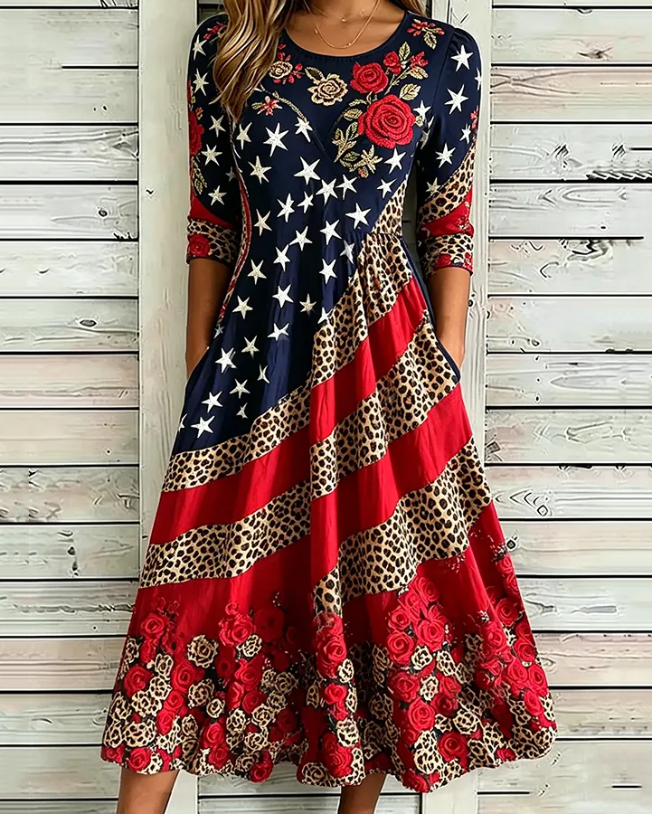 Sexy Leopard Print Rose Patchwork Print Pocket Casual Dress