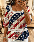 Small Floral National Flag Square Neck Hollow-out Blouse