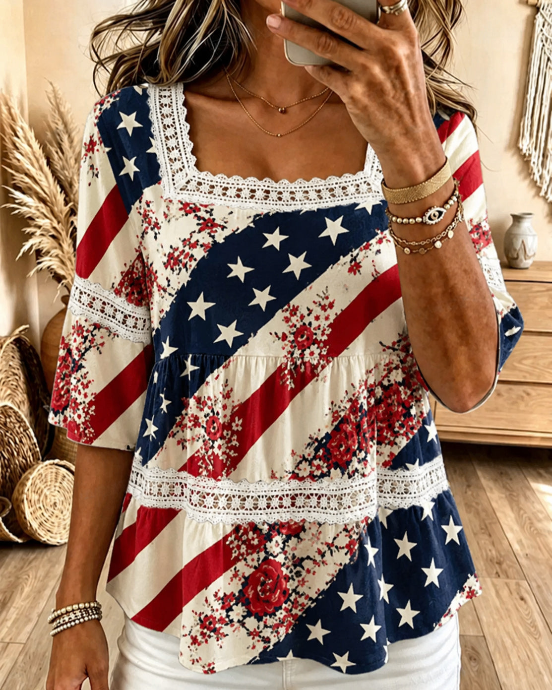 Small Floral National Flag Square Neck Hollow-out Blouse