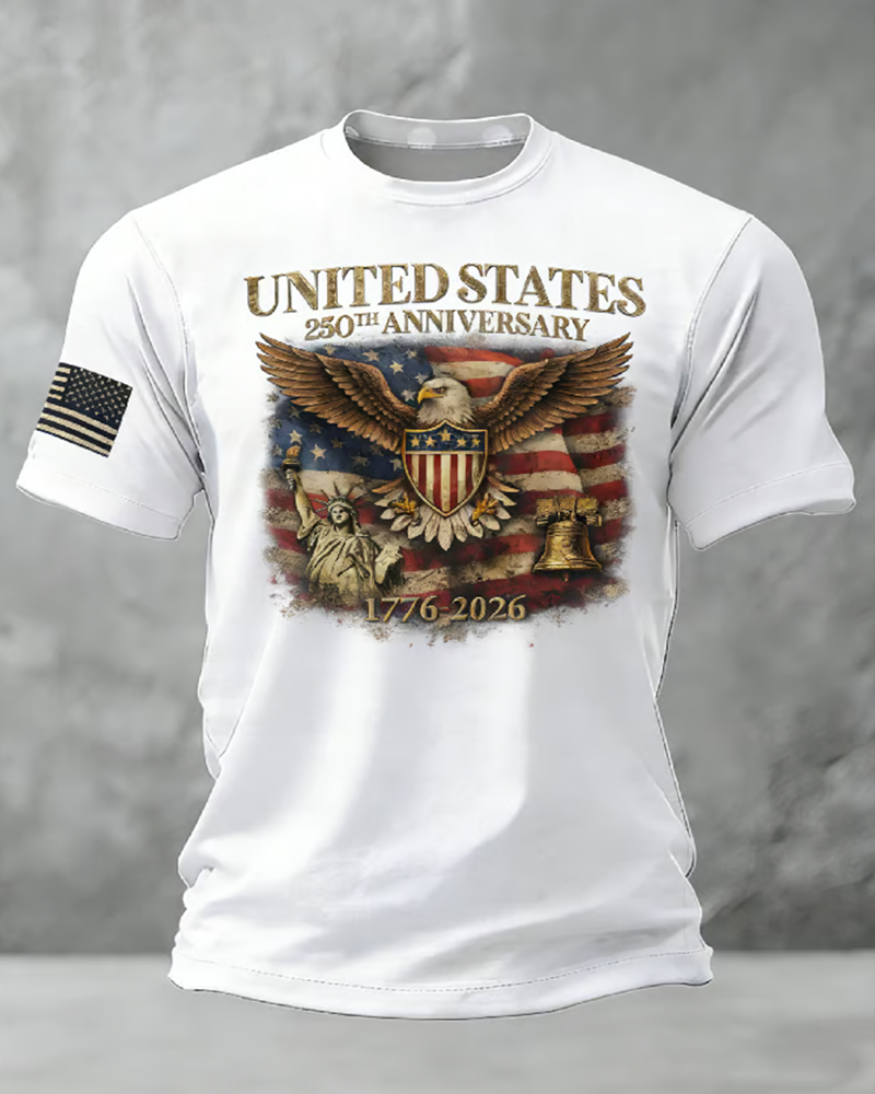Men's Casual American 250th Anniversary Print Waffle Knit T-shirt