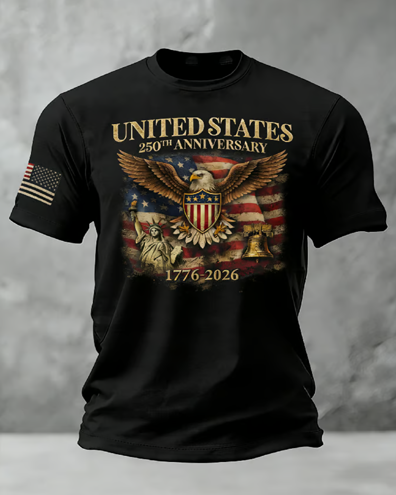 Men's Casual American 250th Anniversary Print Waffle Knit T-shirt
