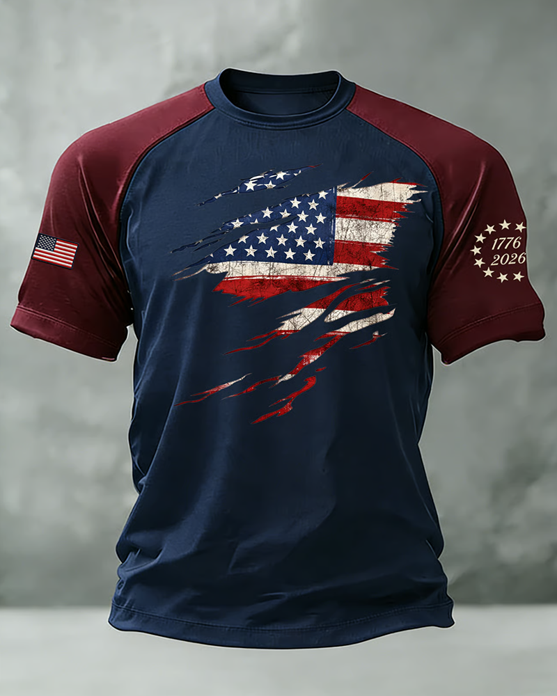 Men'S Casual Short-Sleeved Crew Neck T-Shirt With American 250th Anniversary Commemorative Print.